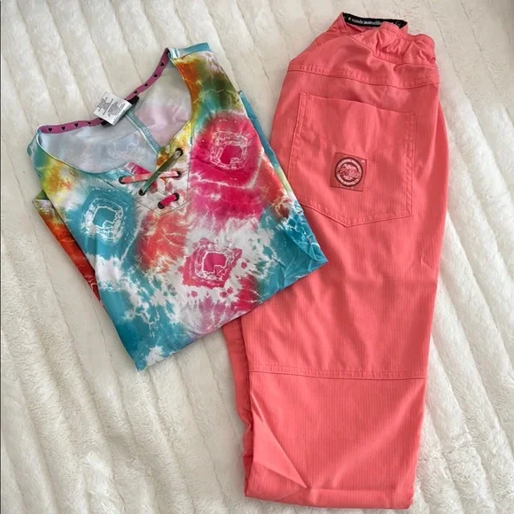 Tie-Dye Scrub Top and Coral Pants Set - Picture 1 of 4